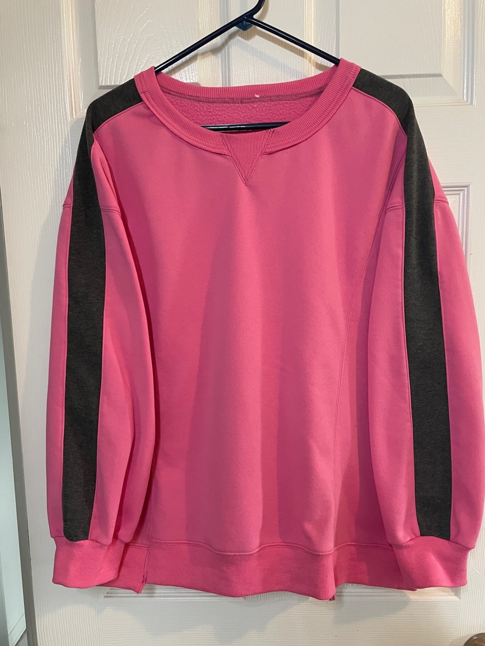 Bright Pink Crewneck Sweatshirt with Charcoal Stripes